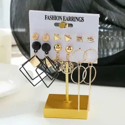 Shiny Black Square Round Shape Drop Earrings (6 pairs)